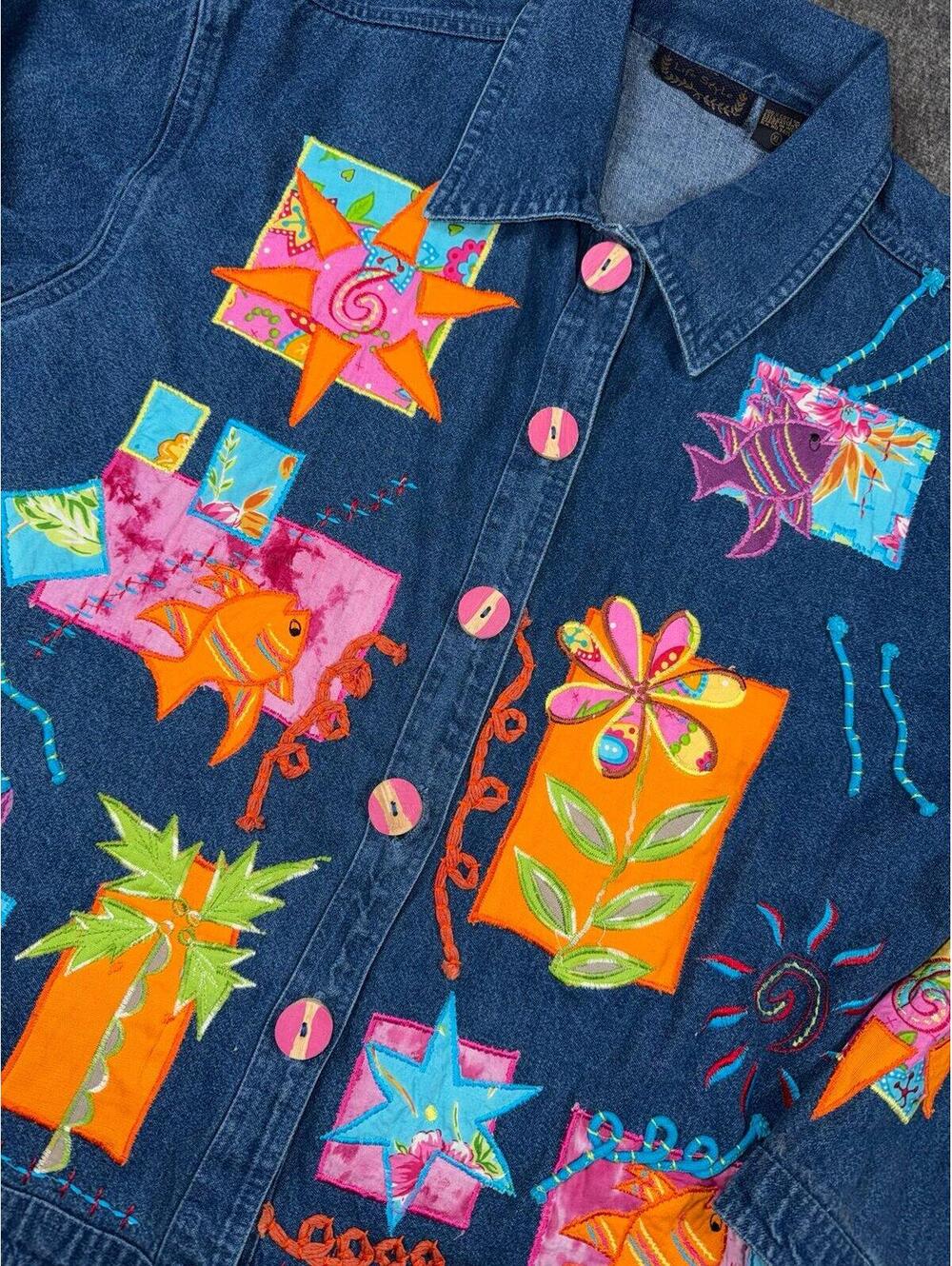 Life Style embroidered Denim wooden-button Jacket size XL Vintage Art to wear - Picture 2 of 5